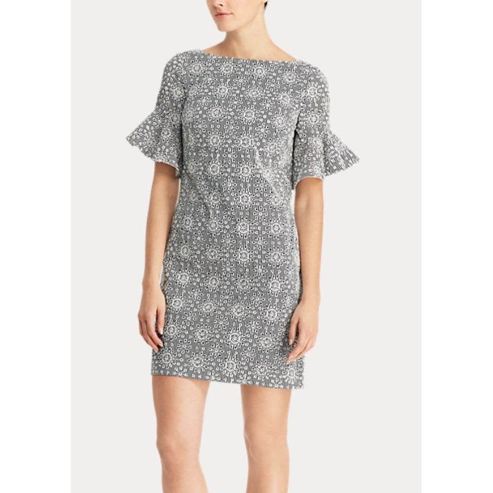 Lauren Ralph Lauren Women's Eyelet Embroidered Shift Dress‎ Size 14 Black White